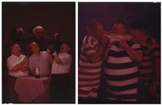 34 Three Stooges 8'' x 10'' Negatives & 4 Smaller Negatives, Mostly All With Curly Joe DeRita -- Some Used for Covers of Their Comic Books, Plus 1 Notated Photo of Moe Dressed as a Lady -- Very Good